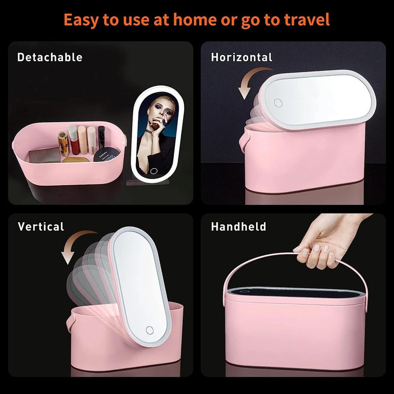 Portable LED Mirror with Storage – Makeup Organizer Box